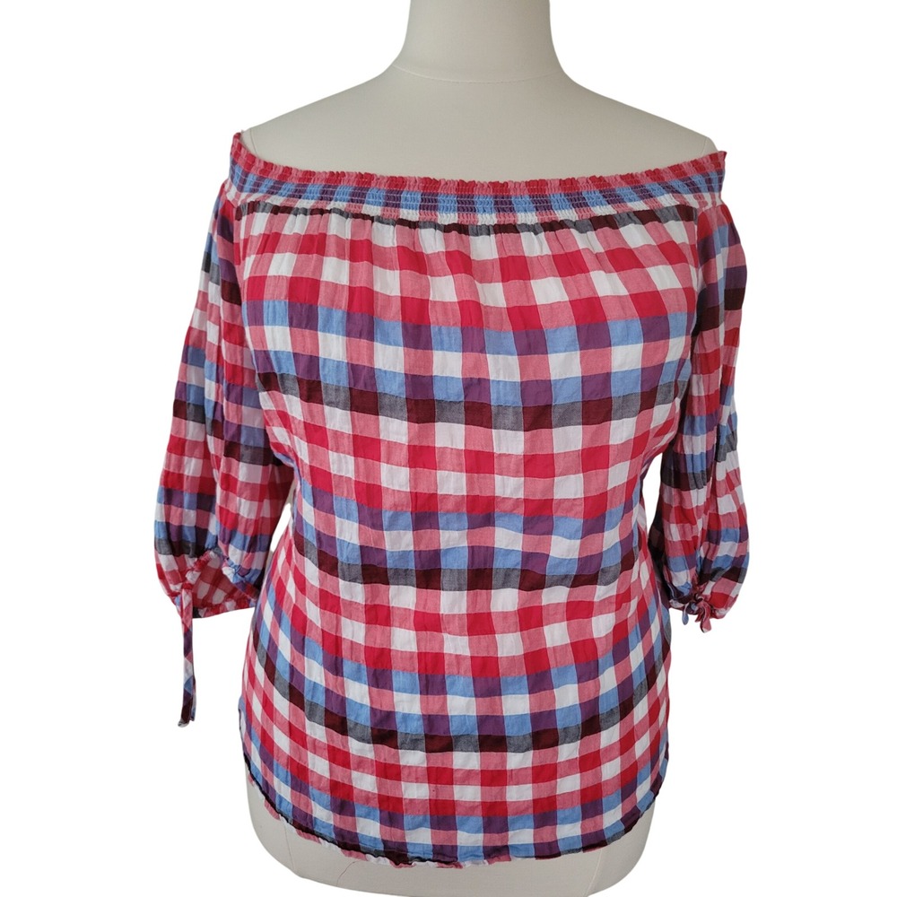Lane Bryant Red White Blue Gingham Off Shoulder Top 3/4 Tie Sleeve Plus 14/16